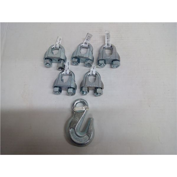 3/8 x 1/4" Eye Grab Hook and 5x 5/8" Iron Rope Clips