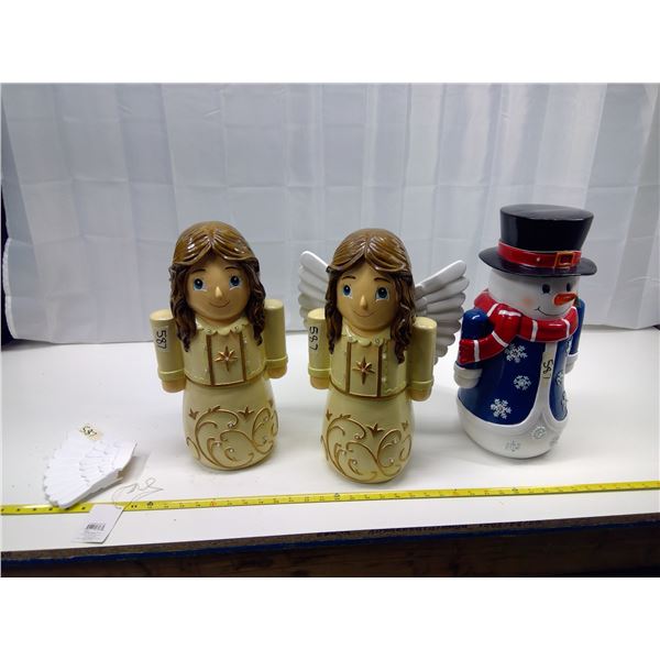 Snowman and Angel Statues (One Angel Broken) - Angels Light Up