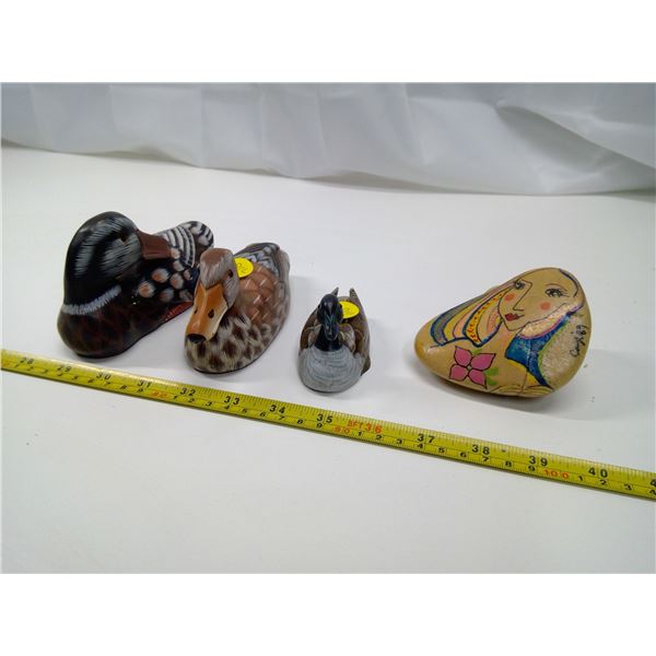 Carved Wood Birds and Painted Rock
