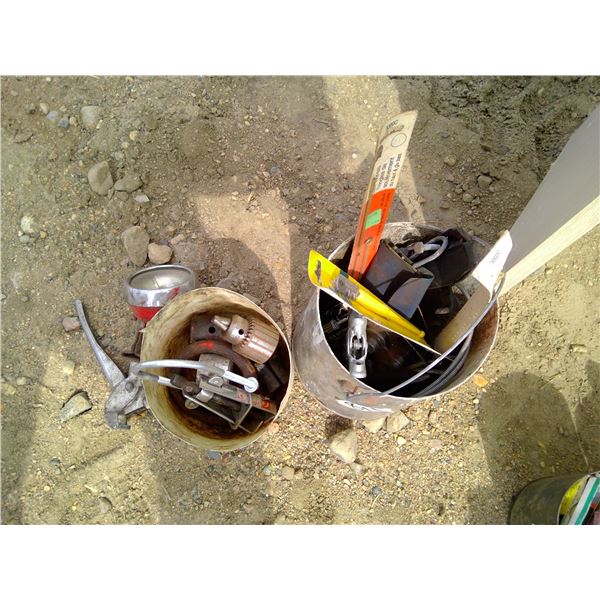2 Buckets of Misc. Items - Light, Drill Head, Brackets, Glass Cutter, etc.