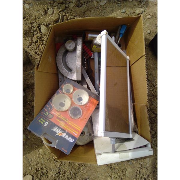 Box of Misc. Items - Mirror, Angle Rulers, 5 Piece Hole Saw Set