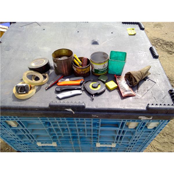 4 Buckets of Misc. Items - Knives, Allen Wrenches, Tape
