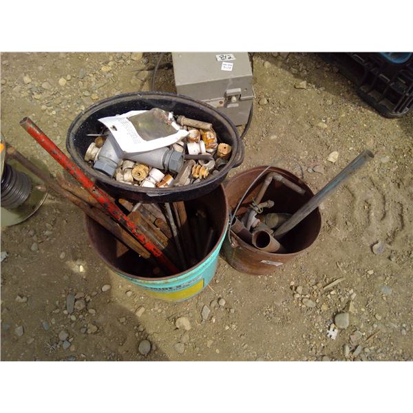 3 Buckets of Plumbing Supplies and Metal Rods