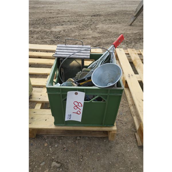 Crate of Hardware/Garden - Come-Along, Funnel, Bird feeders, etc.