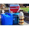 Image 1 : 1970's Hot/ cold beverage pump. 2 Reliance water jugs with hideaway spigots. Small rubbermaid cooler