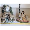 Image 1 : Secret Treasures Wolf family clock statue & Ceramic Native woman with wolves statue.