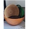 Image 2 : Various kitchen items. Potato covered bowl, tray, wood bowls, clay pot etc.