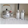 Image 1 : Vintage small tea/ coffee pot & metal cream can salt & pepper shakers.