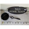 Image 2 : Cast iron salesman sample pot and No Junk Mail sign.