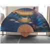 Image 1 : Large bamboo wall fan. Hand painted, good condition, 35” high, 60” wide.