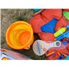 Image 5 : Summer Beach Lot. Life Jackets, vintage frizbees, sand toys, flippers & insulated beach tote.