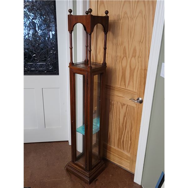 Vintage curio cabinet. 2 glass adjustable shelves & inside light. 69” tall, 10X10, bottom 14X12.