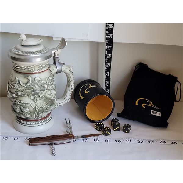 Ducks Unlimited Knife & Dice Shaker, plus a porcelain Wild Bird Beer Stein.