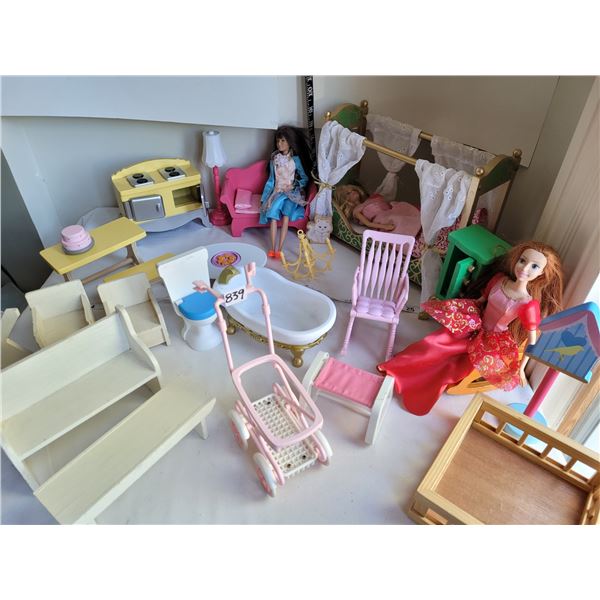 Barbie Dolls & Furniture. Most are wood, a few are plastic.