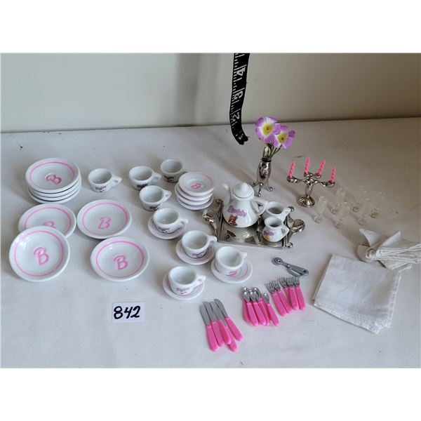 Vintage Strombecker Barbie porcelain dishes, metal tray,vase, & candelabra, table cloth, napkins & c