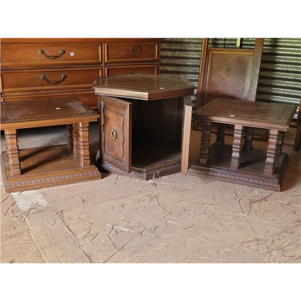 Set of 3 solid wood side tables with storage in one. Product of Canada.