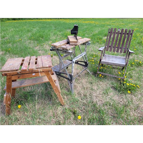 Old wood folding chair (rough) Primitive work table, & Black & Decker workmate.