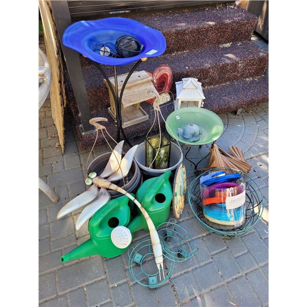 Lot of outdoor yard & garden decor. Pots, jugs, bird bath,feeders,patio lanterns, stepping stone, fo