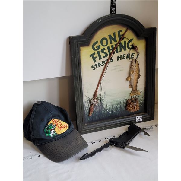 Gone fishing 3D sign, Bass Pro hat & fisherman multitool.