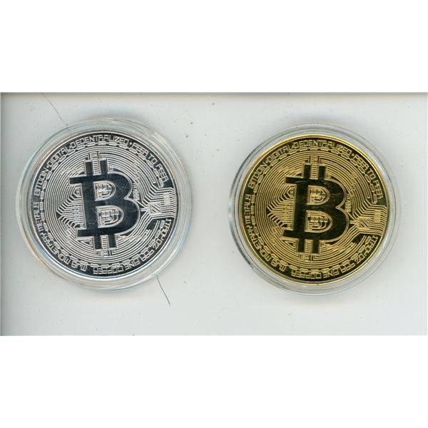 2 Bitcoin Coins - 1 Silver Colour, 1 Gold Colour