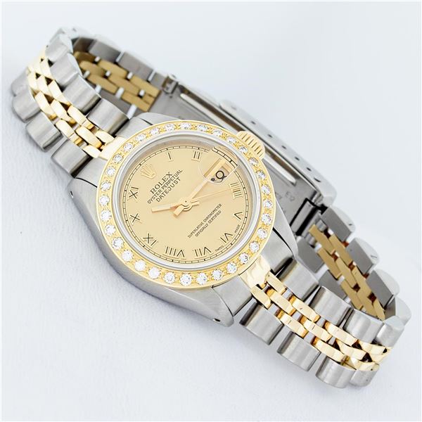 Rolex Ladies Two Tone Champagne Roman Datejust Wristwatch