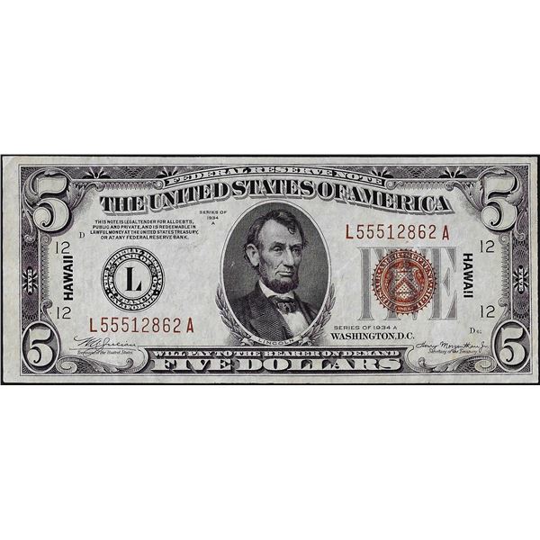 1934A $5 Hawaii WWII Emergency Issue Federal Reserve Note