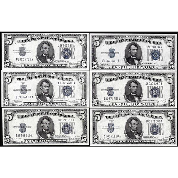 Lot of (6) 1934A/C/D $5 Silver Certificate Notes