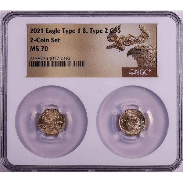 Set of 2021 Type 1 & Type 2 $5 American Gold Eagle Coins NGC MS70