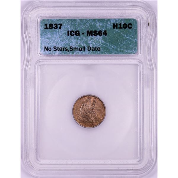1837 No Stars Small Date Seated Half Dime Coin ICG MS64