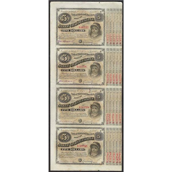 Uncut Sheet of (4) State of Louisiana Baby Bond Obsolete Notes