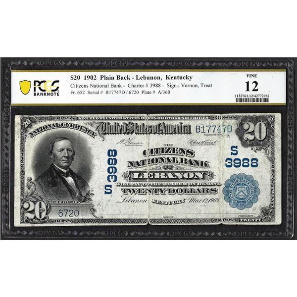 1902PB $20 NB of Lebanon, Kentucky CH# 3988 National Currency Note PCGS Fine 12