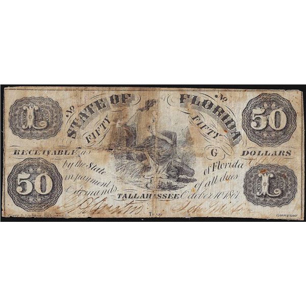 1861 $50 State of Florida Tallahassee Obsolete Note