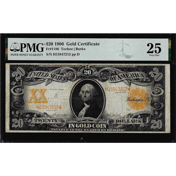 1906 $20 Gold Certificate Note Fr.1186 PMG Very Fine 25