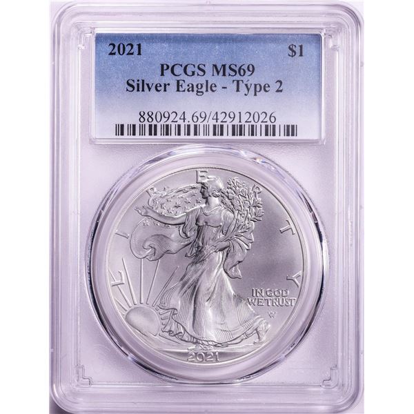 2021 Type 2 $1 American Silver Eagle Coin PCGS MS69