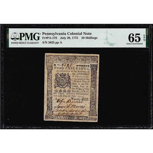 July 20, 1775 Pennsylvania 20 Shillings Colonial Currency Note PMG Gem Unc. 65EPQ