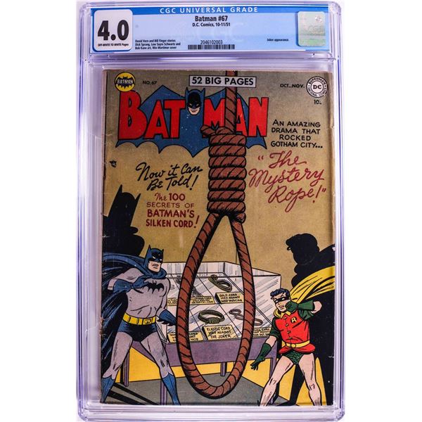 D.C. Comics Batman #67 Comic Book 10-11/51 CGC 4.0 Joker Appearance