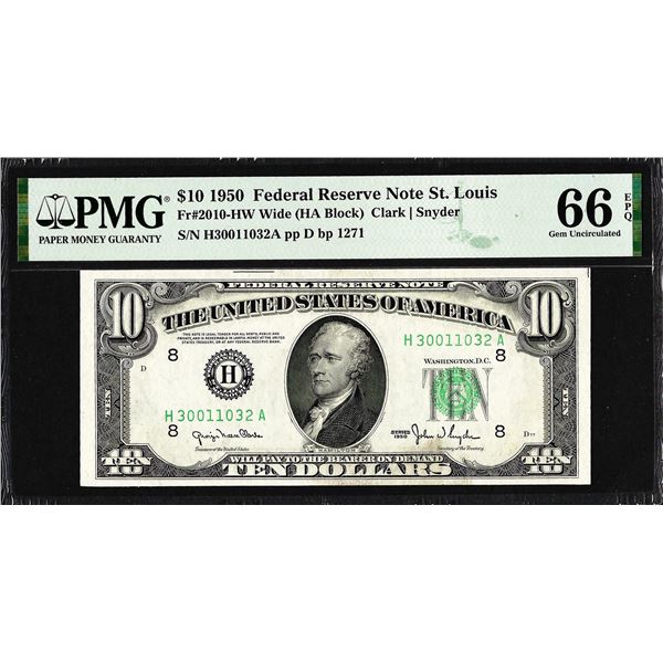 1950 $10 Federal Reserve Note St. Louis Fr.2010-HW Wide PMG Gem Uncirculated 66EPQ