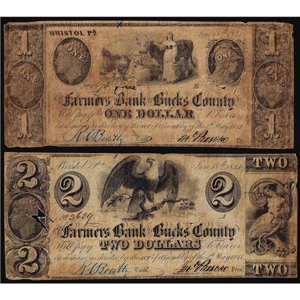 Lot of 1841 $1 & $2 Farmers Bank of Bucks County Bristol, PA Obsolete Bank Notes