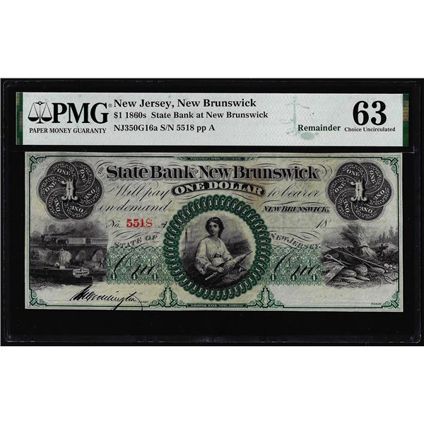 1860s $1 State Bank New Brunswick New Jersey Obsolete Note PMG Choice Uncirculated 63