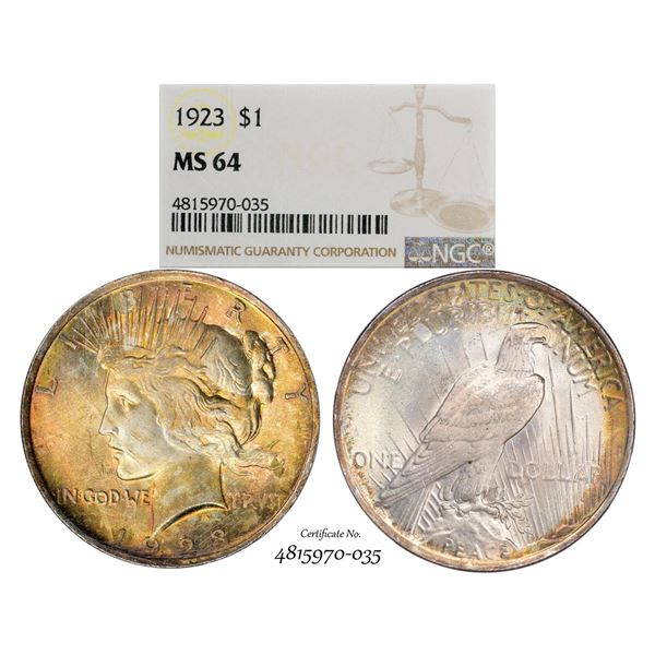 1923 $1 Peace Silver Dollar Coin NGC MS64 Amazing Toning