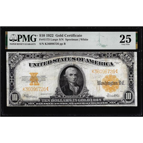 1922 $10 Gold Certificate Note Fr.1173 PMG Very Fine 25