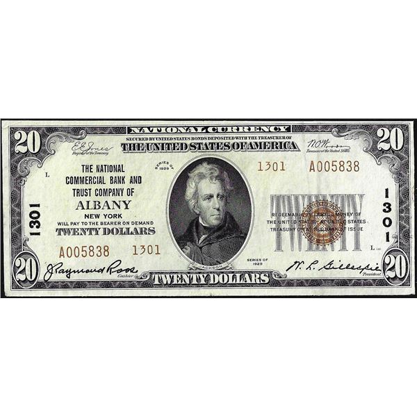 1929 $20 Bank and Trust Company of Albany, New York CH# 1301 National Currency Note