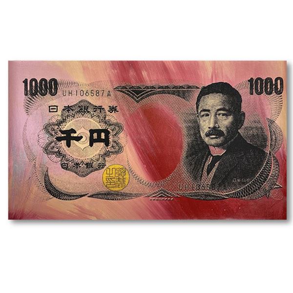 Steve Kaufman (1960-2010) "Japanese Money (1000)" Original Mixed Media On Canvas
