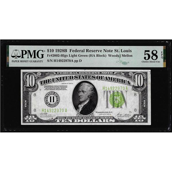 1928B $10 Federal Reserve Note St. Louis Fr.2002-HLGS PMG Ch. About Uncirculated 58EPQ
