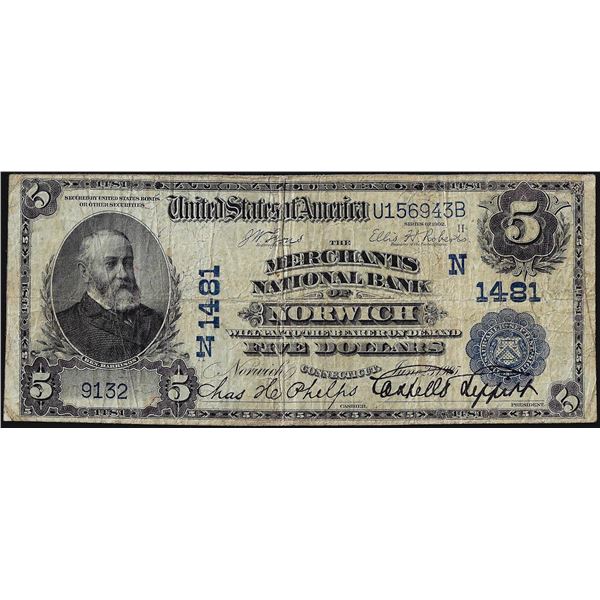 1902PB $5 Merchants National Bank Norwich, CT CH# 1481 National Currency Note