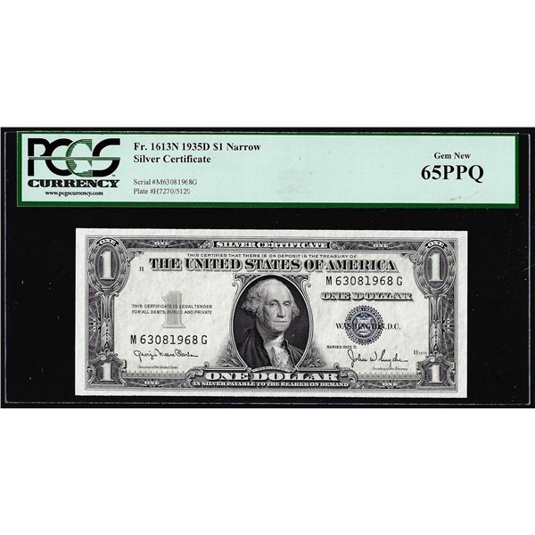 1935D $1 Silver Certificate Note Fr.1613N Narrow PCGS Gem New 65PPQ
