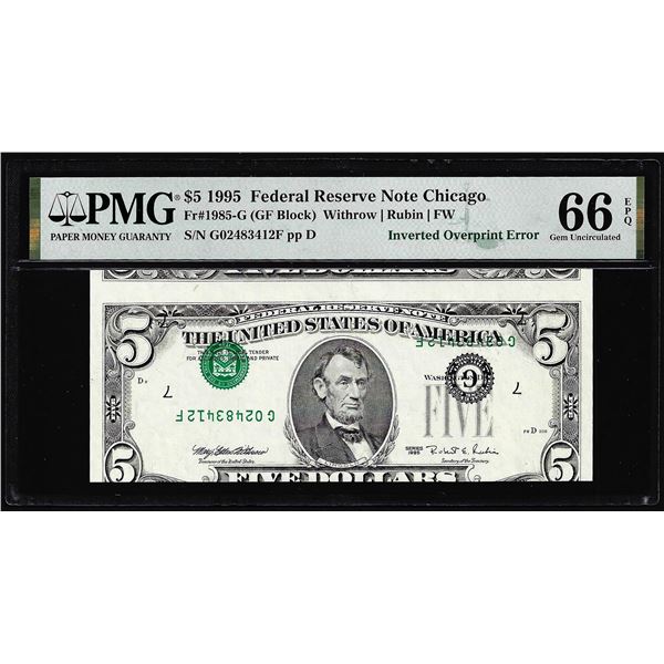 1995 $5 Federal Reserve Note Inverted Overprint ERROR PMG Gem Uncirculated 66EPQ