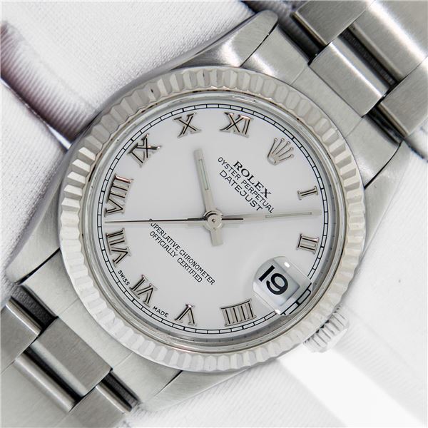 Rolex Midsize Stainless Steel Factory White Roman Datejust Wristwatch With Rolex Box