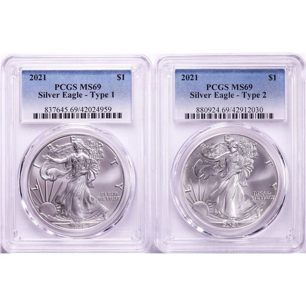 Lot of (2) 2021 Type 1 & 2 $1 American Silver Eagle Coins PCGS MS69