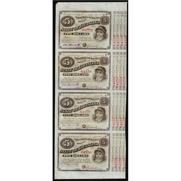 Uncut Sheet of (4) State of Louisiana Baby Bond Obsolete Notes